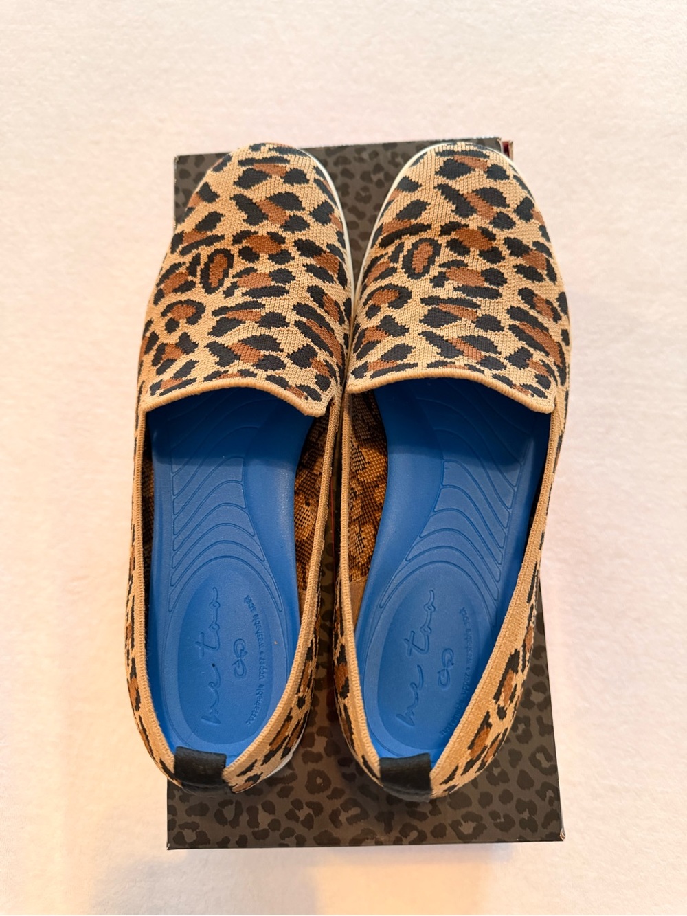 me too Leopard Print Slip-On Flats in Tan, Black and Blue Insole